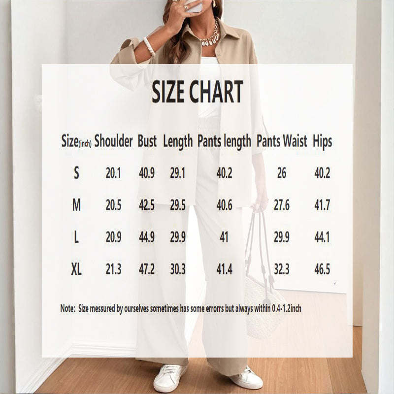 Women's Solid Color Shirt & Pants Set - Long Sleeve Button-Down Top With Elastic Waist Straight Pants Minimalist Casual Outfit