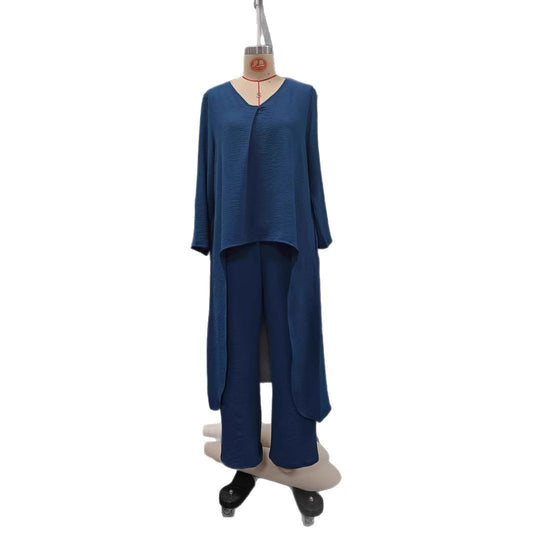 2pcs Long-sleeved Suits Loose V-neck Long Top And High Waist Wide Leg Pants With Pockets Women's Clothing